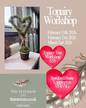 Load image into Gallery viewer, Advertisement for Topiary Workshop with dates and location details.