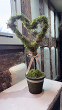 Load image into Gallery viewer, Heart-shaped moss topiary with a ribbon on a wooden surface