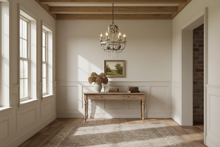 Load image into Gallery viewer, Stunning 6 bulb chandelier iron with leaf detail.