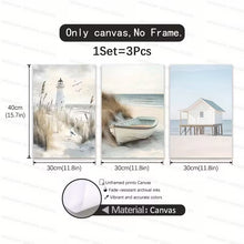 Load image into Gallery viewer, 3pcs/set White Lighthouse on the Beach Wooden Boat Cabin Wall Art Canvas Print