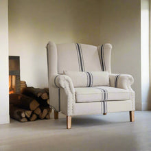 Load image into Gallery viewer, OAK FRENCH LOOK BEIGE ARM CHAIR WITH FRENCH BLUE STRIPE