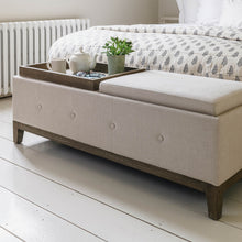 Load image into Gallery viewer, Linen oak storage ottoman With Oak Tray Top
