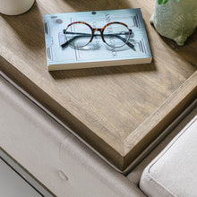 Load image into Gallery viewer, Linen oak storage ottoman With Oak Tray Top