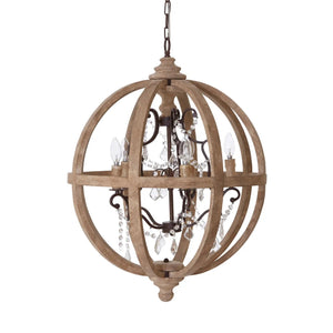 ROUND 5 ARM CHANDELIER wooden iron and glass