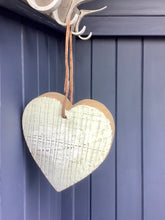Load image into Gallery viewer, Chunky Cream Wooden distressed heart With Leather Twine Hanger
