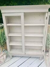 Load image into Gallery viewer, French Style Storage Cabinet Painted in French Grey with Chicken Wire Doors 130 cm H 98 cm W 28cm D
