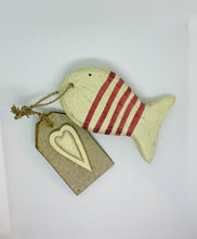 Load image into Gallery viewer, Red Stripy Wooden Hanging Fish With Wooden Heart Tag East Of India