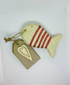 Red Stripy Wooden Hanging Fish With Wooden Heart Tag East Of India