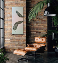 Load image into Gallery viewer, Original Feather canvas Painting on a pale blue background by Kerrie Griffin-Rogers 10 x 24 inches called Release