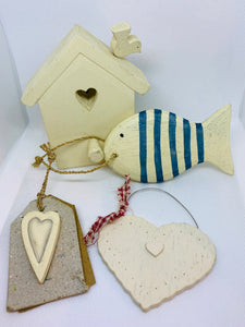 Blue Stripy Wooden Hanging Fish With Wooden Heart Tag East Of India