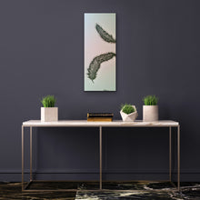 Load image into Gallery viewer, Original Feather canvas Painting on a pale blue background by Kerrie Griffin-Rogers 10 x 24 inches called Release