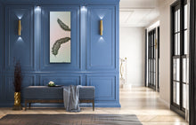 Load image into Gallery viewer, Original Feather canvas Painting on a pale blue background by Kerrie Griffin-Rogers 10 x 24 inches called Release