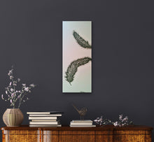 Load image into Gallery viewer, Original Feather canvas Painting on a pale blue background by Kerrie Griffin-Rogers 10 x 24 inches called Release
