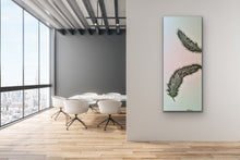 Load image into Gallery viewer, Original Feather canvas Painting on a pale blue background by Kerrie Griffin-Rogers 10 x 24 inches called Release