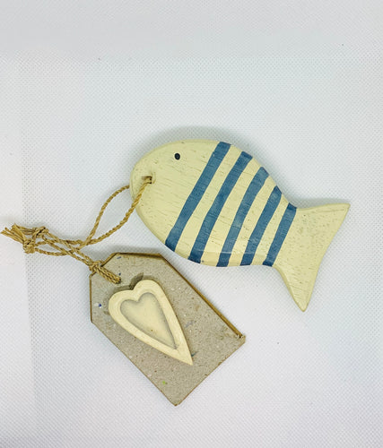 Blue Stripy Wooden Hanging Fish With Wooden Heart Tag East Of India