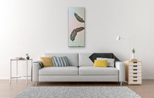 Load image into Gallery viewer, Original Feather canvas Painting on a pale blue background by Kerrie Griffin-Rogers 10 x 24 inches called Release