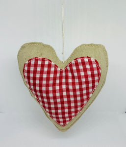 Hand Made Fabric Hanging Heart - Red and White Checked - Linen