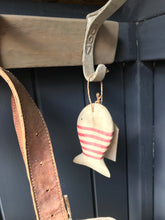 Load image into Gallery viewer, Red Stripy Wooden Hanging Fish With Wooden Heart Tag East Of India 
