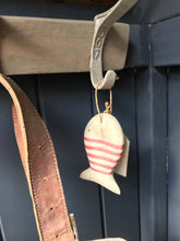 Load image into Gallery viewer, Red Stripy Wooden Hanging Fish With Wooden Heart Tag East Of India