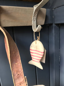 Red Stripy Wooden Hanging Fish With Wooden Heart Tag East Of India 