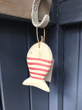 Load image into Gallery viewer, Red Stripy Wooden Hanging Fish With Wooden Heart Tag East Of India