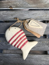 Load image into Gallery viewer, Red Stripy Wooden Hanging Fish With Wooden Heart Tag East Of India