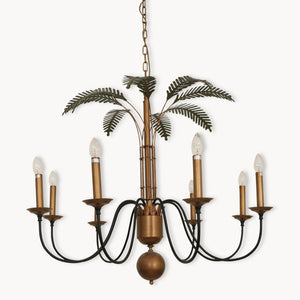 ANTIQUE BLACK AND BRASS CHANDELIER WITH GREEN LEAVES