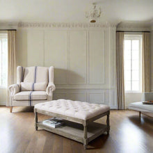 Load image into Gallery viewer, Beige Buttoned Oak Coffee Table With Shelf In Lime Washed Effect