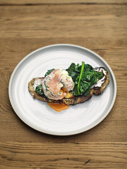 Herby smoked salmon poached eggs WITH SPINACH ON THICK WHOLMEAL TOAST  JAMIE OLIVER STYLE