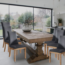 Load image into Gallery viewer, LARGE SALVAGED BLEACHED PINE DINING TABLE WITH SIX CHARCOAL AND OAK DINING CHAIRS
