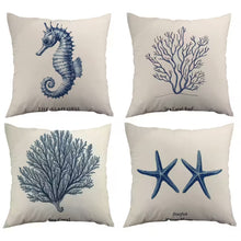 Load image into Gallery viewer, Four decorative pillows with blue sea-themed illustrations on a white background
