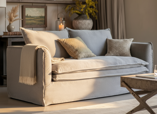 Gray sofa in a living room with decorative elements