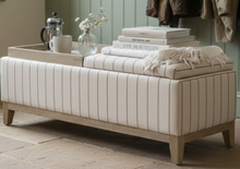 Load image into Gallery viewer, Blue stripe Linen oak storage ottoman With Oak Tray Top
