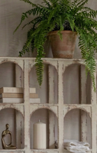 Load image into Gallery viewer, A potted green fern in a terracotta pot displayed on a distressed white wooden shelf with arched compartments, alongside books, a candle, and folded towels.
