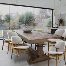 Load image into Gallery viewer, LARGE SALVAGED BLEACHED PINE DINING TABLE WITH SIX BEIGE AND OAK DINING CHAIRS
