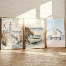 Load image into Gallery viewer, 3pcs/set White Lighthouse on the Beach Wooden Boat Cabin Wall Art Canvas Print
