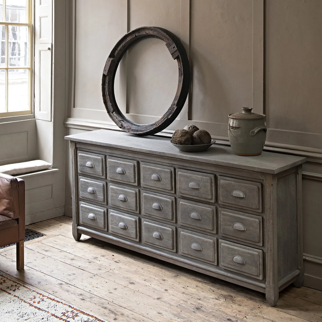 Distressed grey 15 drawer chest 
