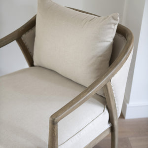 BEIGE CURVED OAK FRAMED ARMCHAIR