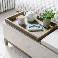 Load image into Gallery viewer, Linen oak storage ottoman With Oak Tray Top

