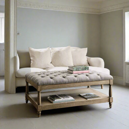 Soft Grey Buttoned Oak Coffee Table With Shelf In Lime Washed Effect