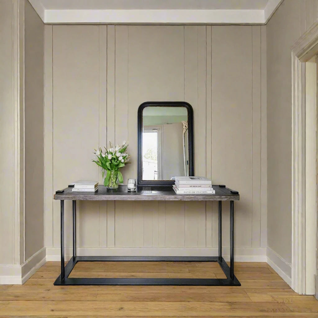 Oak and Iron console table with stone top the interiorco