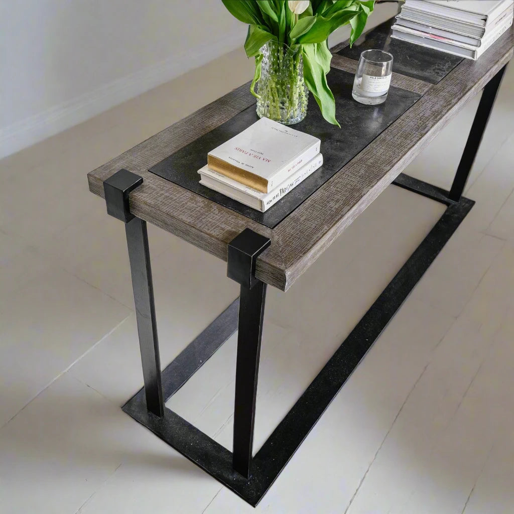 Oak and Iron console table with stone top the interiorco