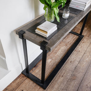 Oak and Iron console table with stone top