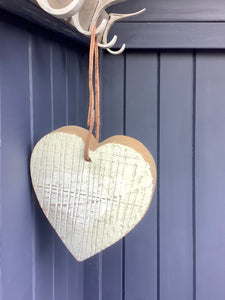 Chunky Cream Wooden distressed heart With Leather Twine Hanger