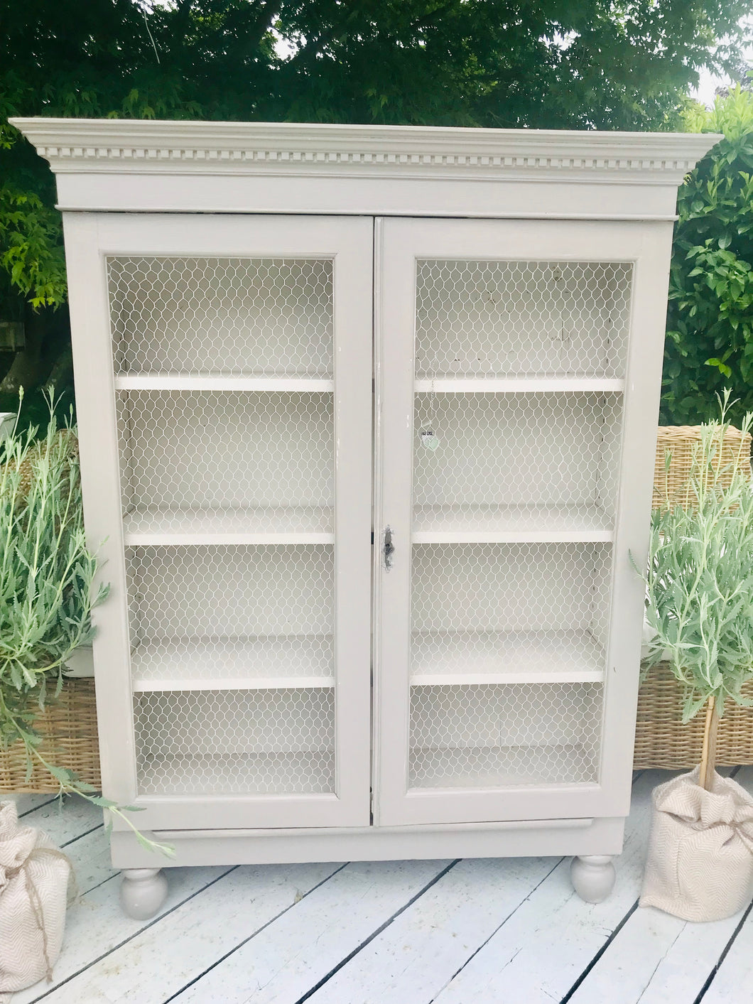 French Style Storage Cabinet Painted in French Grey with Chicken Wire Doors 130 cm H 98 cm W 28cm D