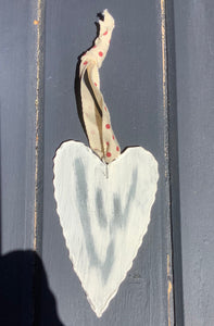 Distressed Galvanised Cream heart on red ribbon small