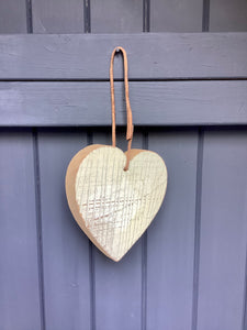 Chunky Cream Wooden distressed heart With Leather Twine Hanger