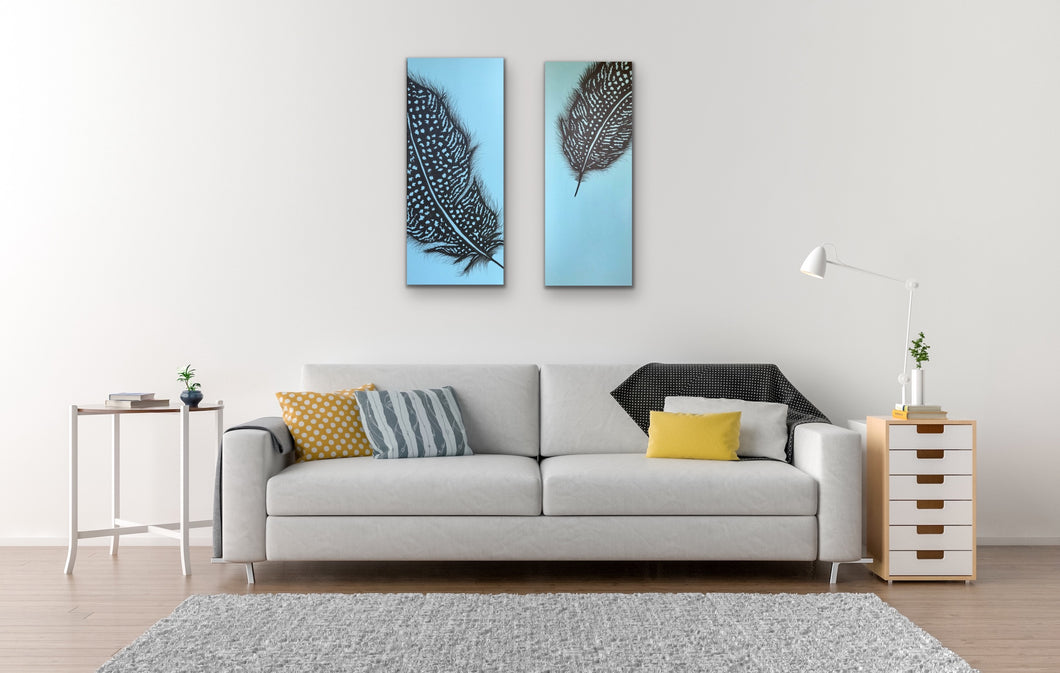Perfect partners - Gineau Fowl Feather Original Painting On Canvas by Kerrie Griffin Available from The Interior Co 