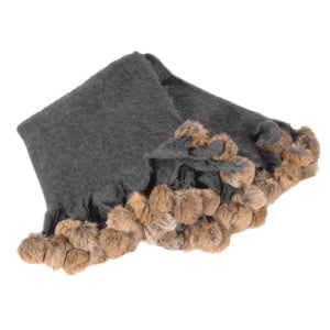 Charcoal Throw with Fur Pompoms