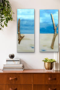 "Perfect Peace" Set Of 2 Beach Scenes with Driftwood Original Paintings 10 x 24 by Kerrie Griffin-Rogers